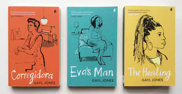 lucinda rogers - three Gayl Jones book covers, Gayl Jones, woman sitting at bar, woman sitting on end of bed, woman head and shoulders