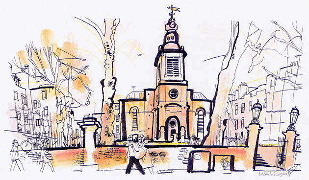lucinda rogers black and white ink illustration guardian watercolour london church st anne's soho hazlitt street scene