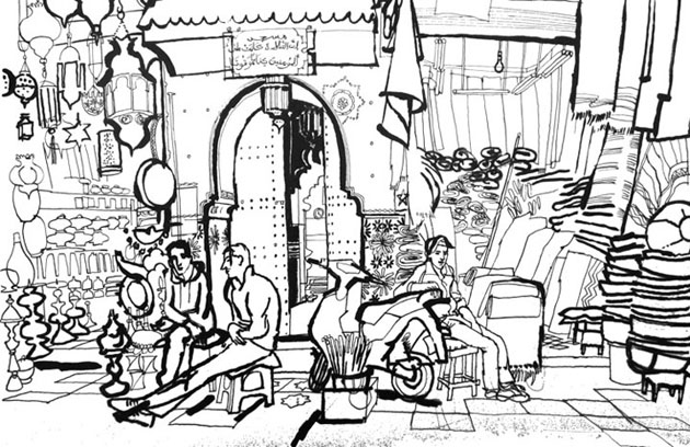 lucinda rogers marrakech black and white drawing pen ink souk market