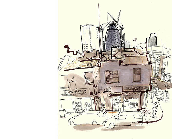 lucinda rogers drawing ink watercolour cityscape street scene london life construction gherkin rooftops skyline