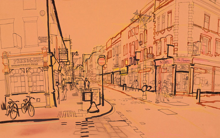 lucinda rogers drawing ink watercolour london life street scene city brick lane spitalfields bicycle 