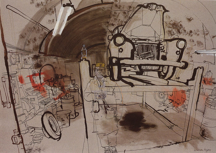 lucinda rogers drawing ink watercolour london city life black cab workshop garage car east end gunners supporter 