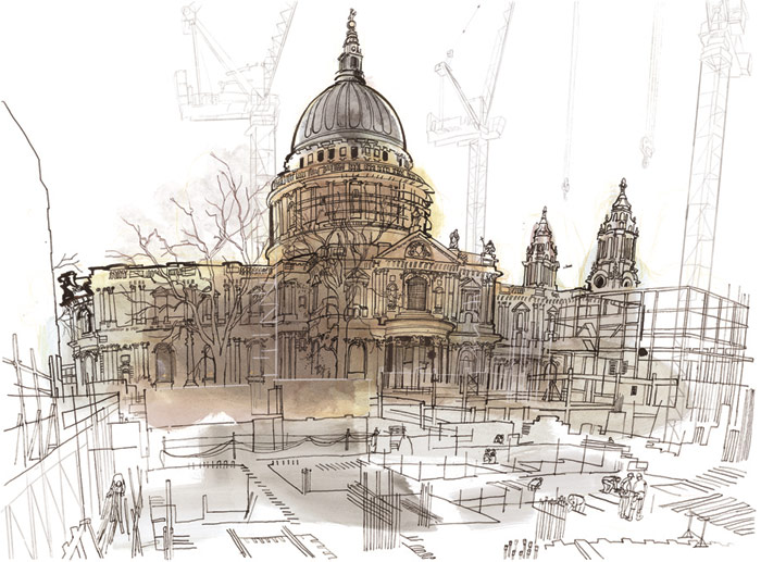 lucinda rogers drawing ink watercolour prints for sale st pauls cathedral construction bovis london life cityscape street scene building cranes