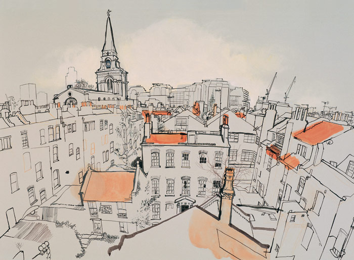 lucinda rogers drawing ink watercolour prints for sale london cityscape rooftops east end spitalfields christ church chimney crane 