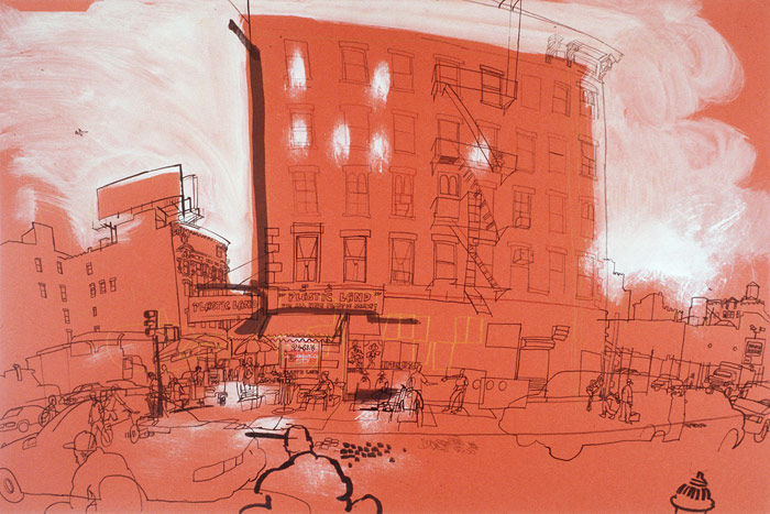 lucinda rogers drawing black and white ink red canal street new york city cityscape street scene chinatown 
