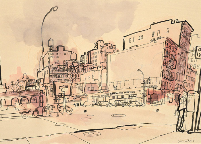 lucinda rogers drawing ink watercolour christmas eve 2001 new york city downtown cityscape street scene 