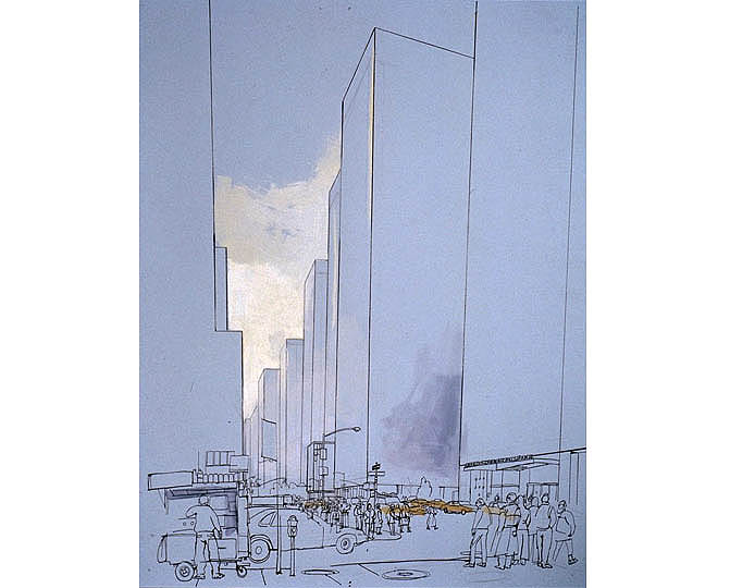 lucinda rogers drawing ink watercolour black white blue new york citscape street scene skyscrapers 
