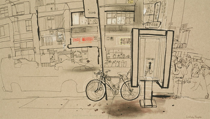 lucinda rogers drawing ink new york city street scene cityscape phone booth bicycle